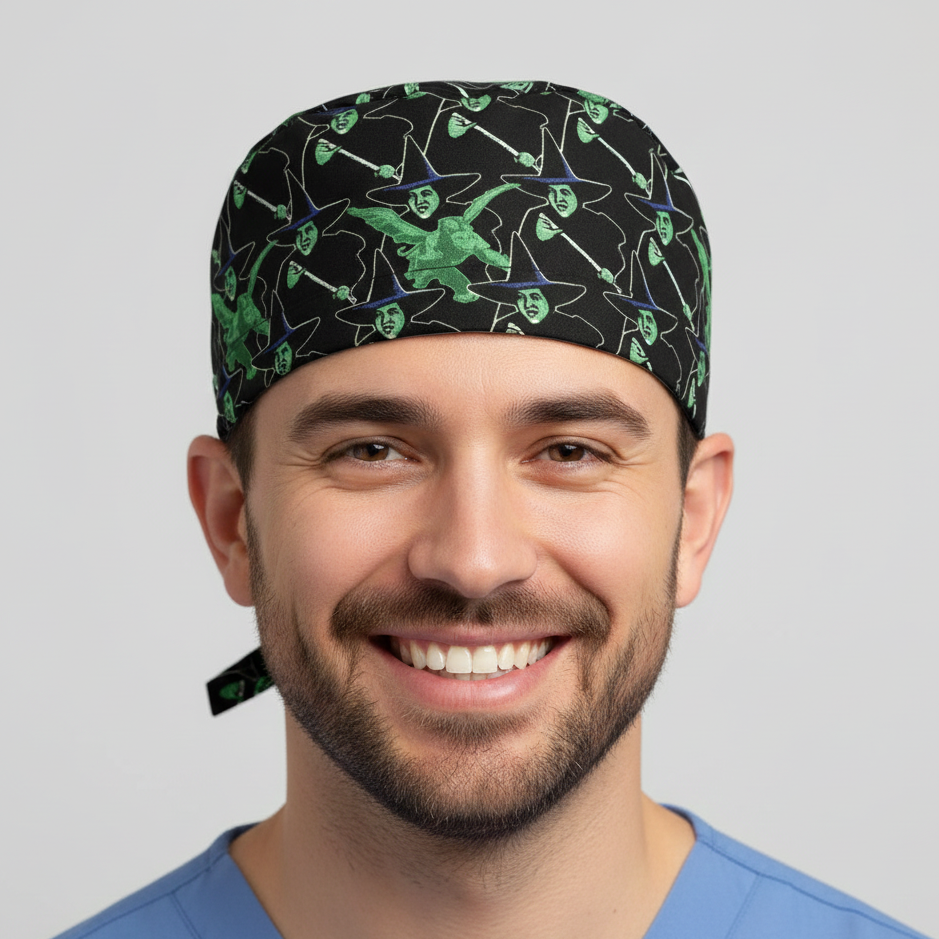 Green alien pattern black scrub cap with tie-back closure for medical professionals