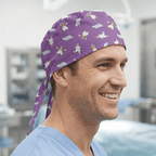 Purple Willy Wonka Oompa Loompa character print tie-back scrub cap for medical professionals