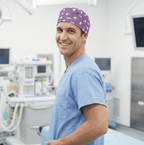 Purple scrub cap with white star pattern worn by smiling healthcare professional in operating room