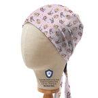 Side view of Winnie The Pooh Christmas Lights scrub cap showing pink fabric with festive character pattern