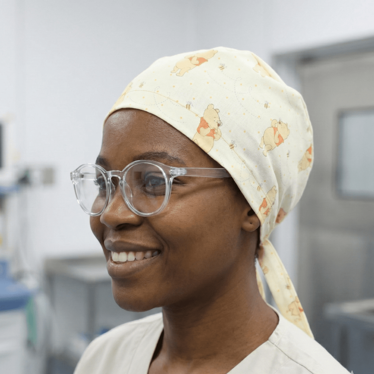 Cream yellow Winnie the Pooh honey bee pattern scrub cap with tie-back