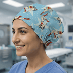 Light blue Wonder Woman cartoon character patterned cotton scrub cap for healthcare workers