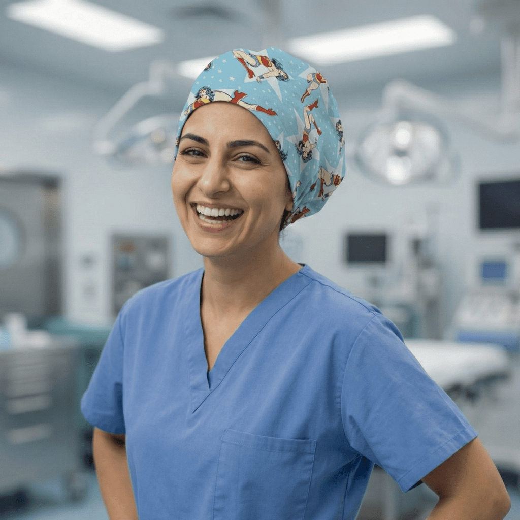 Wonder Woman Blue scrub cap worn by smiling healthcare worker in operating room