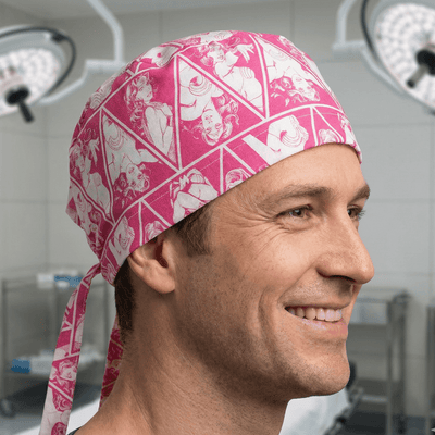 Wonder Woman Pink Diamonds scrub cap shown on model