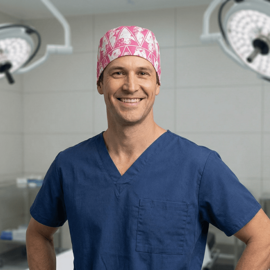 Healthcare professional wearing Wonder Woman Pink Diamonds scrub cap with geometric pink and white pattern in operating room
