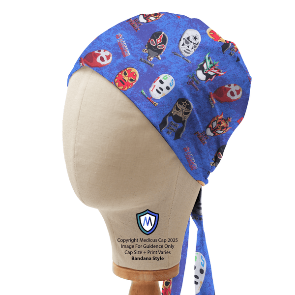 Blue bandana style scrub cap featuring colorful lucha libre wrestling masks print on mannequin, side view.
