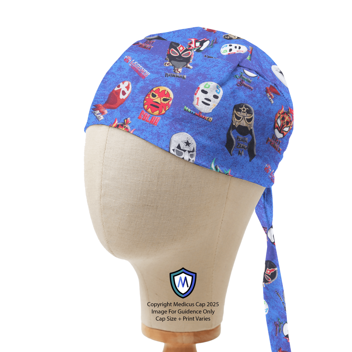 Blue scrub cap with colorful lucha libre wrestling masks print on mannequin, side view, by Medicus.