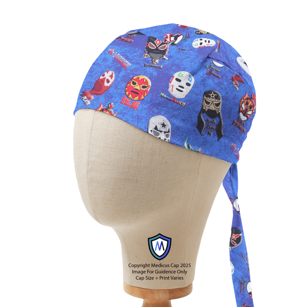 Blue scrub cap with colorful lucha libre wrestling masks print on mannequin, side view, by Medicus.