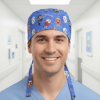 Blue wrestling mask pattern scrub cap with colourful lucha libre designs and tie-back