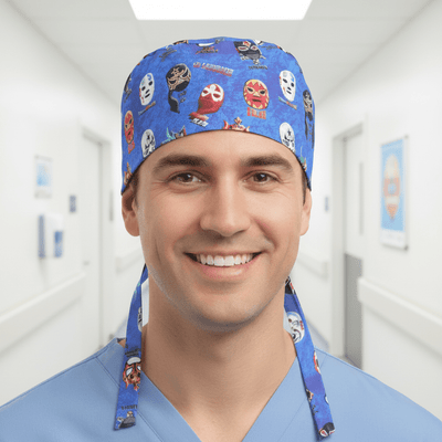 Blue wrestling mask pattern scrub cap with colourful lucha libre designs and tie-back