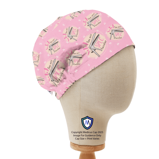 Pink Medicus Scrub Cap with a "You Are SPECtacular" design, displayed on a mannequin head. Stylish and fun scrub cap for medical professionals.