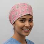 Pink reusable scrub cap with champagne glasses pattern for medical professionals