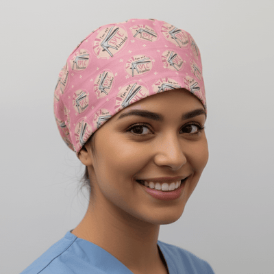 Pink reusable scrub cap with champagne glasses pattern for medical professionals