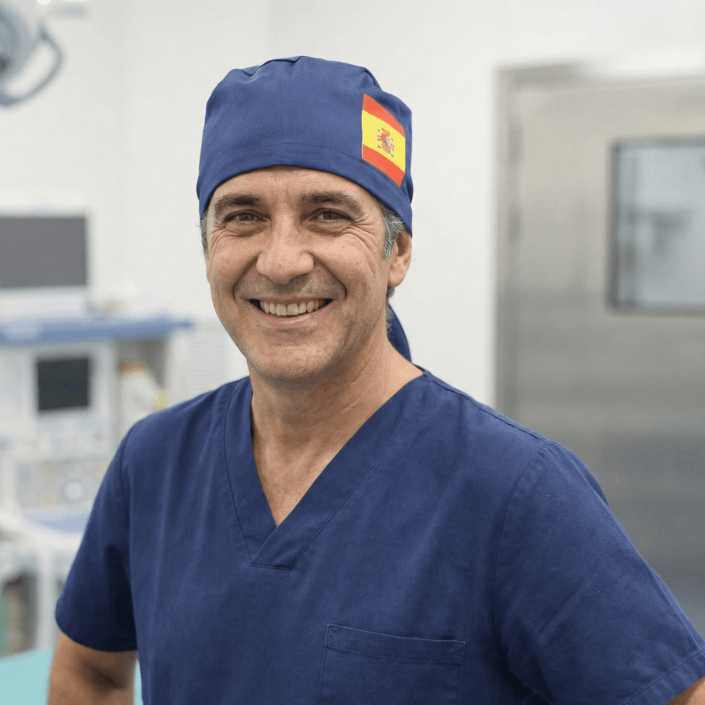 Medical professional wearing navy scrub cap with Spanish flag vinyl transfer, front view