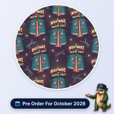 A Nightmare On Theatre Street scrub cap print: glowing theatre double doors with scissors and spooky lettering on dark purple, with a Pre Order For October 2026 badge