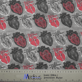 The Medicus Scrub Caps product features a hypoallergenic cotton fabric with anatomical hearts in black, white, and red on a gray background, ideal for an Abstract Heart Scrub Cap. A ruler at the bottom provides measurements in inches and centimeters.