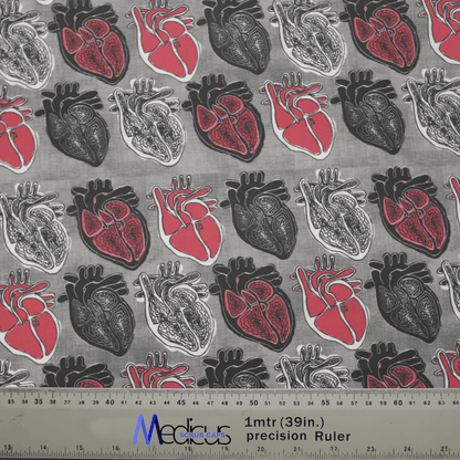The Medicus Scrub Caps product features a hypoallergenic cotton fabric with anatomical hearts in black, white, and red on a gray background, ideal for an Abstract Heart Scrub Cap. A ruler at the bottom provides measurements in inches and centimeters.