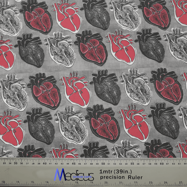 The Medicus Scrub Caps product features a hypoallergenic cotton fabric with anatomical hearts in black, white, and red on a gray background, ideal for an Abstract Heart Scrub Cap. A ruler at the bottom provides measurements in inches and centimeters.