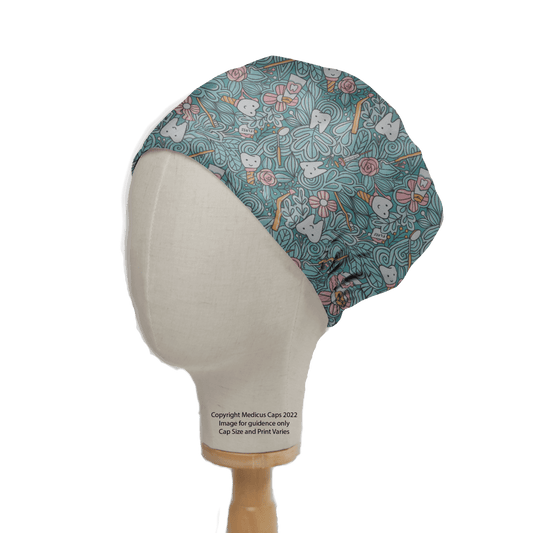 A mannequin head showcases a Medicus Scrub Caps sustainable Abstract Jungle Tooth Teeth scrub cap, set against a teal backdrop. The whimsical design features cute white teeth, roses, and dental tools with a copyright notice on the handcrafted dental headwear.