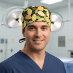 Abstract Lemon Tree Print Leaves scrub cap shown on male model