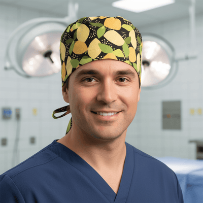 Abstract Lemon Tree Print Leaves Scrub Cap scrub cap flat lay view