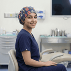 Abstract Aligned Anatomical Heart Navy scrub cap pattern detail on mannequin