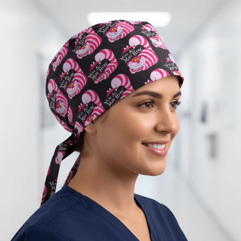 Alice In Wonderland Cat We Are All Mad scrub cap shown on female model