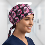 Alice In Wonderland Cat We Are All Mad scrub cap shown on female model