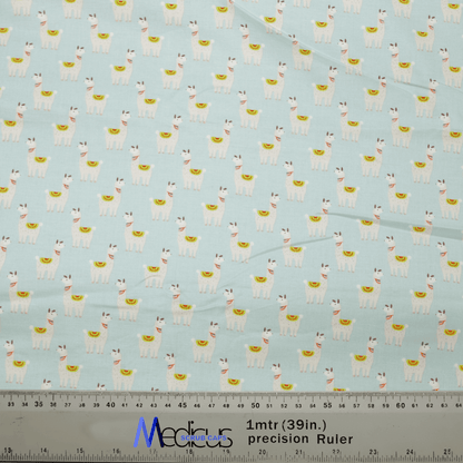 The whimsical Alpaca / Llama Party Blue Scrub Cap by Medicus Scrub Caps features cartoon llamas with saddles on a light blue fabric. Its perfect for medical attire, and a ruler at the bottom offers precise measurements in inches and centimeters, highlighting its detailed design.