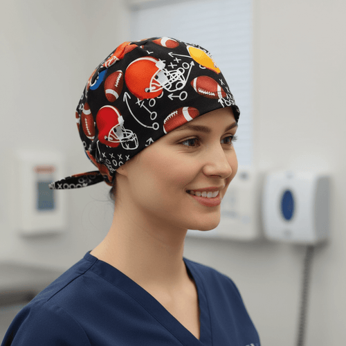 American Football scrub cap shown on female model