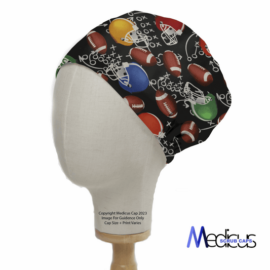 The Medicus Scrub Caps American Football Theatre Cap, modeled on a mannequin head, features helmets, footballs, and playbook diagrams on a black background. This eco-friendly cap blends style and sustainability, ideal for football fans.