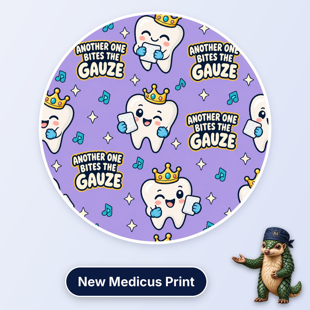 Another One Bites The Gauze scrub cap print: smiling teeth wearing gold crowns and biting gauze with music notes on lilac