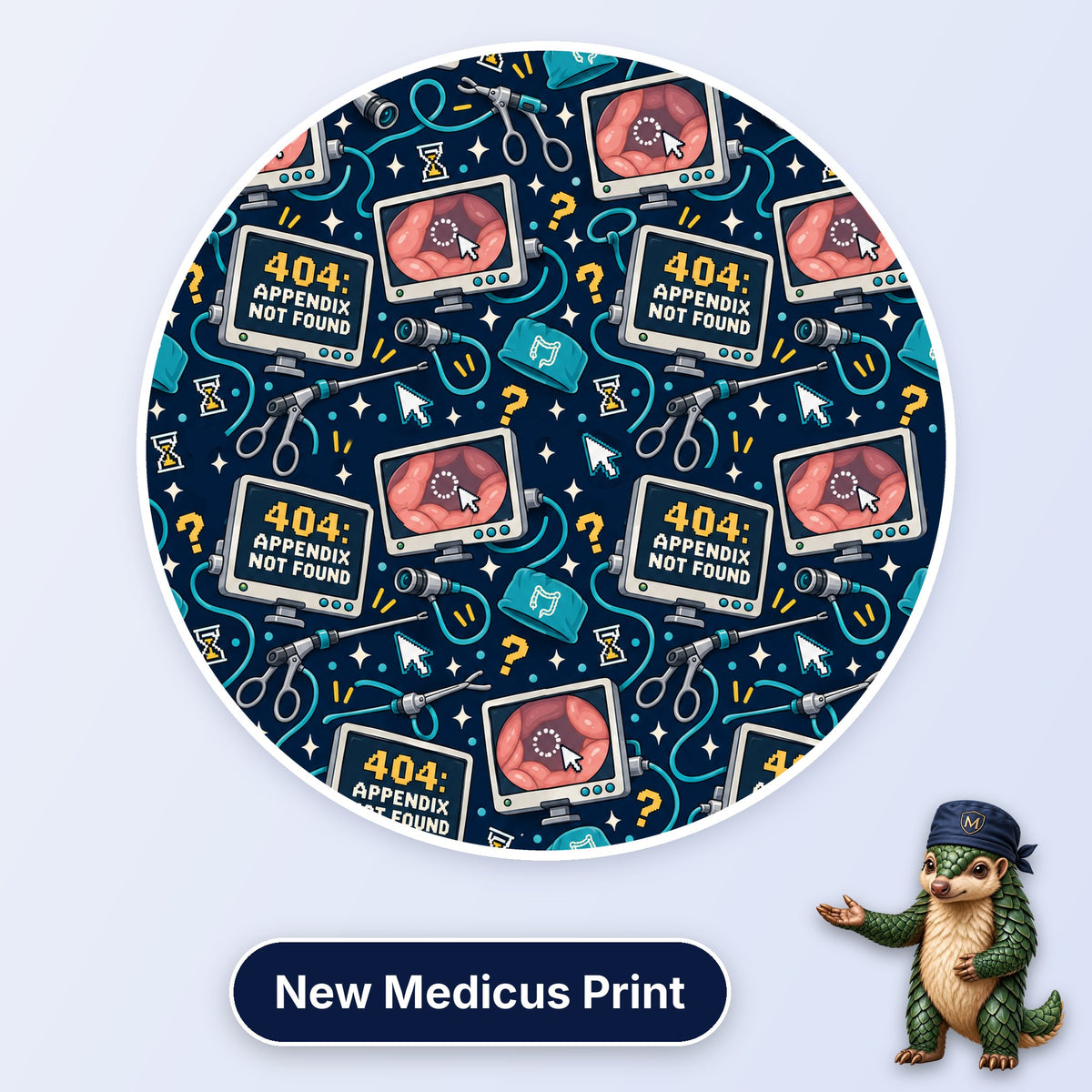 Appendix Not Found scrub cap print: 404 Appendix Not Found laparoscopy monitors with graspers and cursors on navy