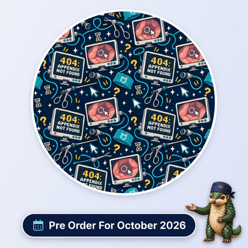 Appendix Not Found scrub cap print: 404 Appendix Not Found laparoscopy monitors with graspers and cursors on navy, with a Pre Order For October 2026 badge