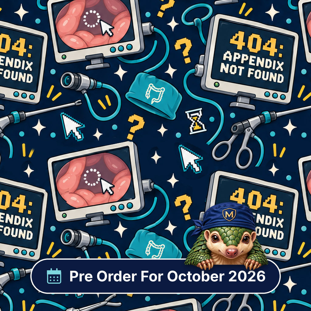 Appendix Not Found scrub cap print: 404 Appendix Not Found laparoscopy monitors with graspers and cursors on navy, with a Pre Order For October 2026 badge