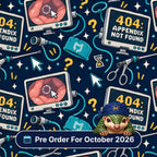 Appendix Not Found scrub cap print: 404 Appendix Not Found laparoscopy monitors with graspers and cursors on navy, with a Pre Order For October 2026 badge