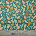 The Autumn Leaves #2 Theatre Cap by Medicus Scrub Caps is a sustainable fabric featuring a green backdrop with leaves and berries in pink, orange, and yellow. Its perfect for crafting stylish caps and includes a 1-meter (39-inch) ruler at the bottom.
