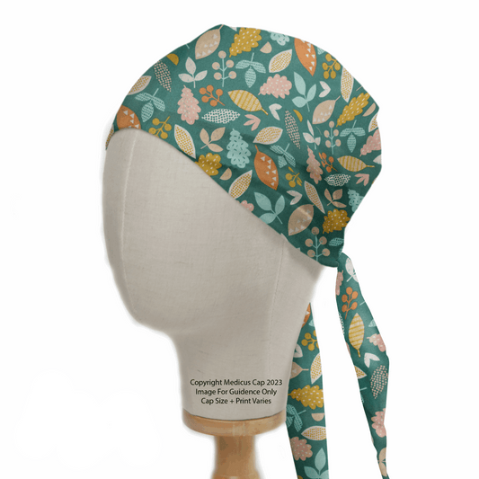 The mannequin head wears the Autumn Leaves #2 Theatre Cap by Medicus Scrub Caps, featuring a teal background with pink, yellow, and white floral and leaf patterns. Ideal for healthcare professionals, this sustainable cap has ties that drape elegantly at the back.