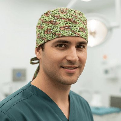 Star Wars Baby Yoda Crowd scrub cap shown on model