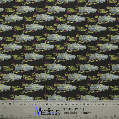 The Back To The Future Delorean Scrub Cap by Medicus Scrub Caps showcases a retro fabric with silver Delorean cars, lightning, and Back to the Future text. Green and purple accents add flair, while the 1-meter ruler guides scale for healthcare professionals seeking a unique cap.