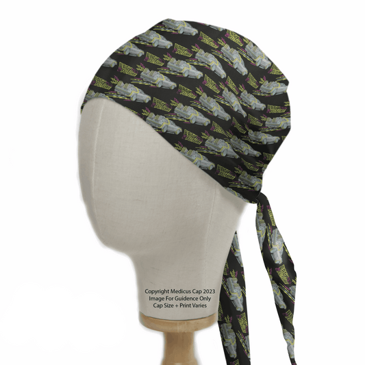 A mannequin head dons the Back To The Future Delorean Scrub Cap by Medicus Scrub Caps, showcasing a black surgical design with a flying car and Back to the Future text. Ideal for healthcare professionals, this retro-style cap is copyrighted by Medicus Cap 2023.