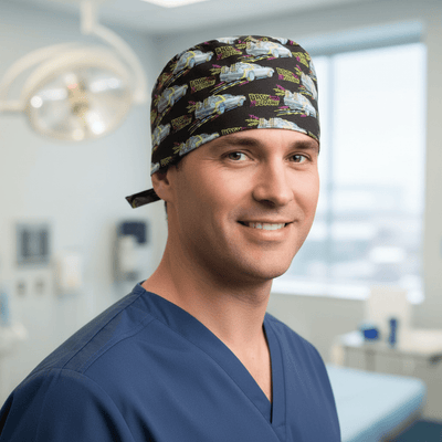 Back To The Future Delorean scrub cap shown on male model