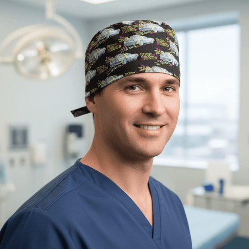 Back To The Future Delorean scrub cap shown on male model