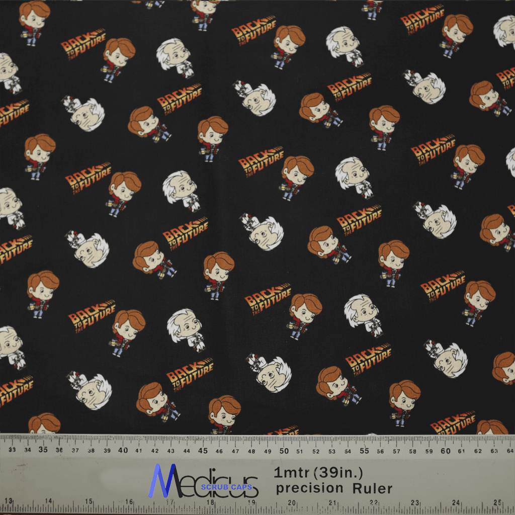 The Back To The Future Kawaii Scrub Cap by Medicus Scrub Caps features a fabric design with cartoon characters and the logo repeated. Ideal for healthcare fashion, the precision ruler shows the fabric is approximately 39 inches wide.
