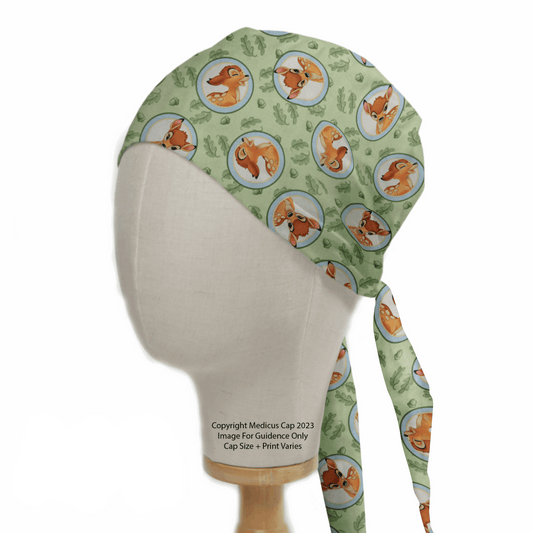 A mannequin head displays the Bambi Laughing On Green Scrub Cap by Medicus Scrub Caps, featuring a tie-back design with playful cartoon foxes and foliage on a green background for an eco-friendly touch of style.