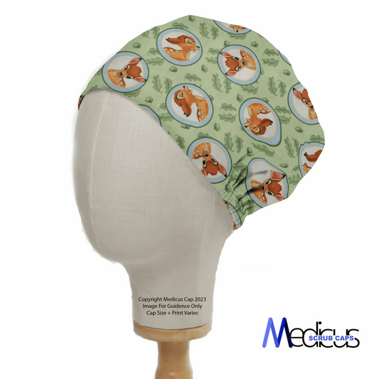 A head mannequin dons the Medicus Scrub Caps Bambi Laughing On Green Scrub Cap, showcasing a playful fox pattern in circular frames against an eco-friendly white backdrop.