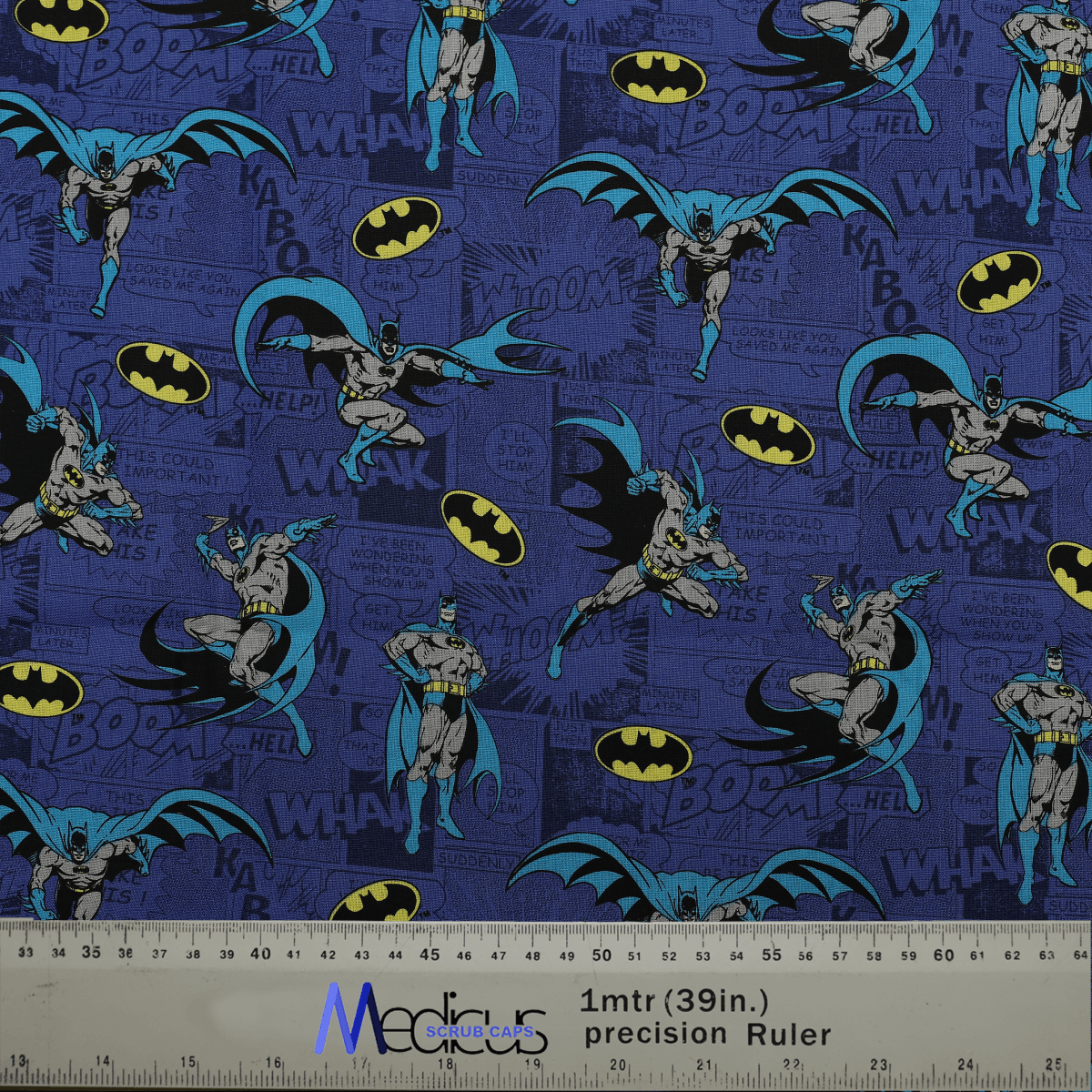 Batman blue capes fabric used in Medicus Caps' scrub caps.