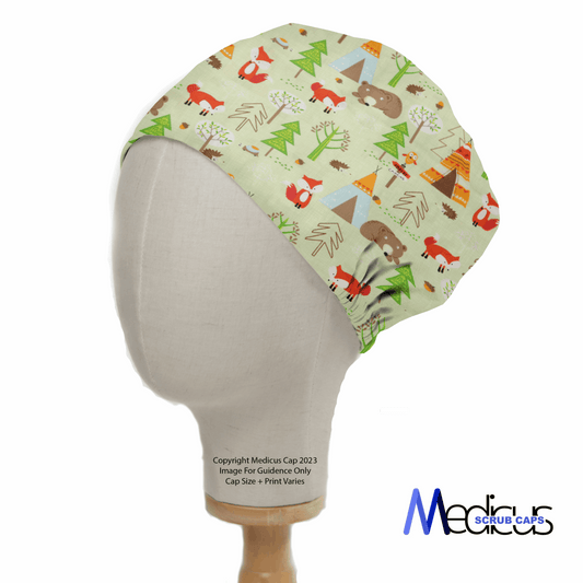 The Bear / Woodland Camping Summer Scrub Cap by Medicus Scrub Caps features playful bear, forest, and camping prints on a light background, displayed on a mannequin head. The brands logo at the bottom right adds charm to this stylish healthcare attire.