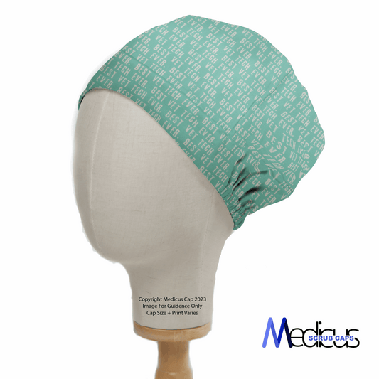 A teal scrub cap on a mannequin head, featuring BEST in white, is from Medicus Scrub Caps eco-friendly collection. Displayed against a plain white background, the Best Vet Tech Scrub Cap embodies the essence of inclusive design.