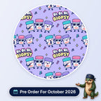 Bi Bi Bi Biopsy scrub cap print: singing specimen pots in sunglasses with music notes on lilac, with a Pre Order For October 2026 badge